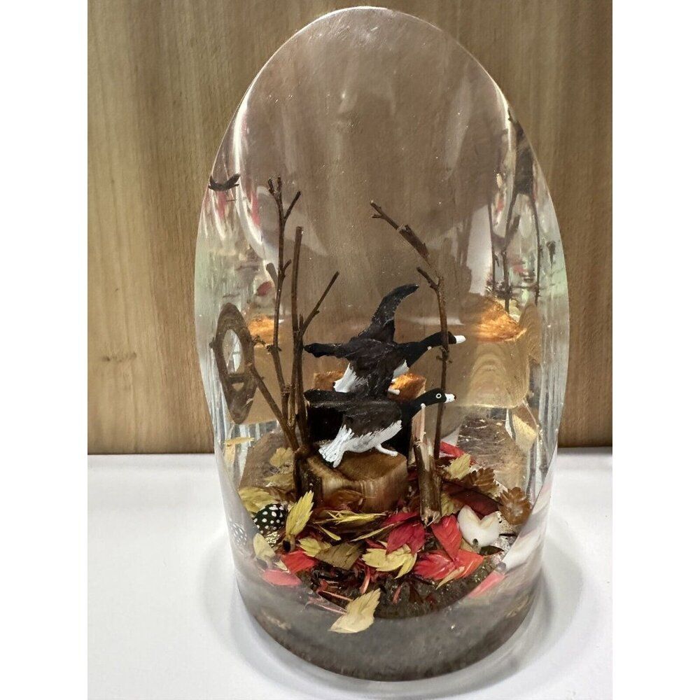 Vtg Resin Lucite Paperweight Diorama Wood Twigs Dried Leaves Geese Ducks